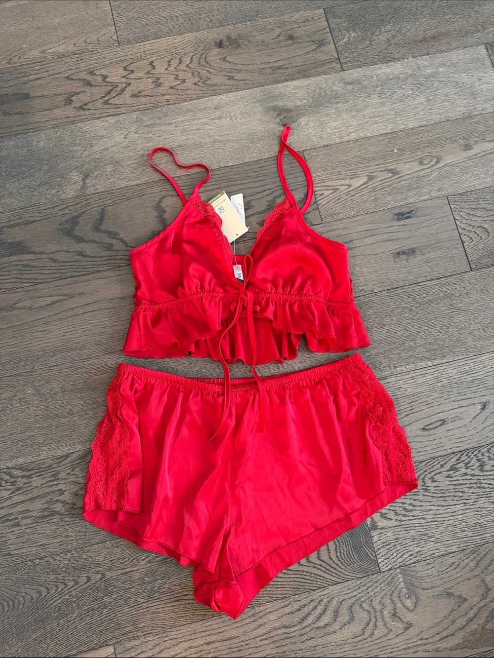 Ardene Red Satin Lace-Trim Cami & Shorts Sleep Set